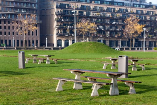 Public picnic tables in the lloydkwartier area in Rotterdam, the Netherlands