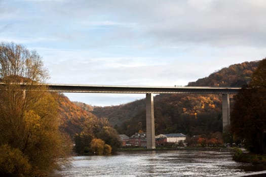 Highway is crossing the river Meuse near Dinant in Belgium