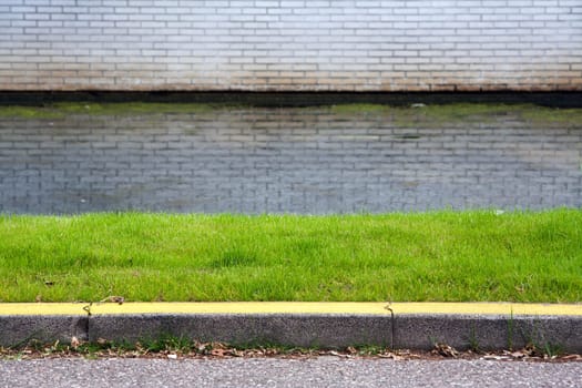 Grass, water and a yellow curb. No way to park here.