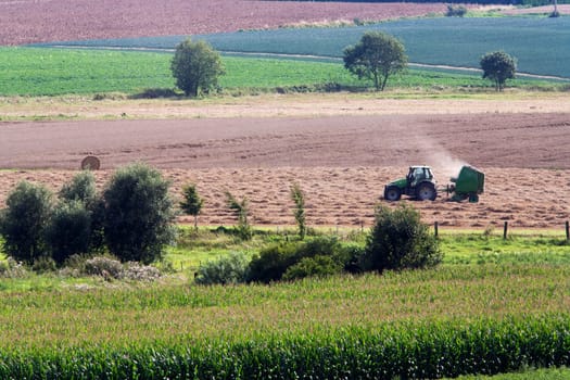 Rural scene with tractor making hay bales
