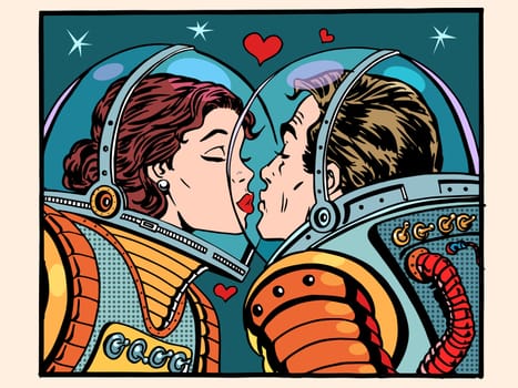 Kiss space man and woman astronauts pop art retro style. Valentines day, wedding and love. A girl and a boy. Science and the cosmos.