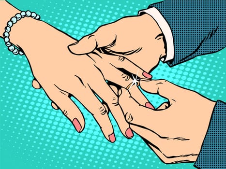 betrothal wedding bride groom gold ring pop art retro style. Man woman and the wedding ring. Jewelry. Love and romance