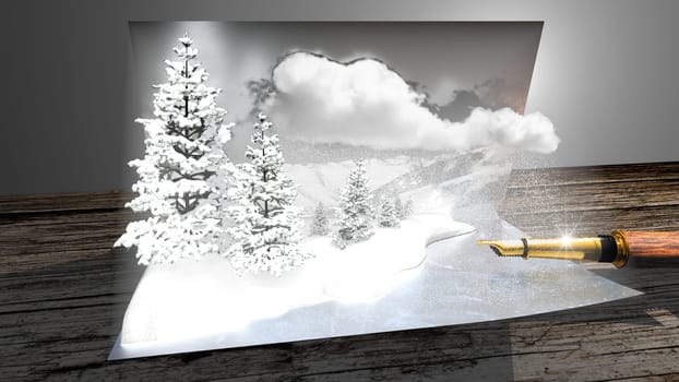 Wish card. Snowy mountains and trees coming out of the postcard seem real.