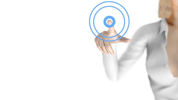 Sexy business woman touching a virtual screen. Free blank space available. The woman is blurred behind the transparent screen. A ripple effect is displayed.