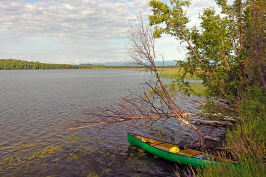 Canoe on Wilderness Campsite on Swan Lake in the Swanson River Wilderness in the Kenai National Wildlife Refuge in Alaska