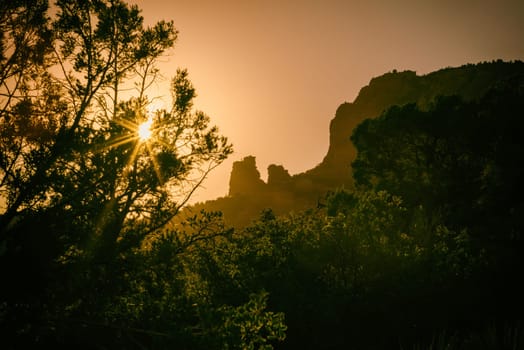 Sedona sunset landscape near Fay Canyon Trail with the sun bursting through a tree framing rock formations in the distance.