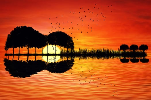 Trees arranged in a shape of a guitar on a sunset background. Music island with a guitar reflection in water