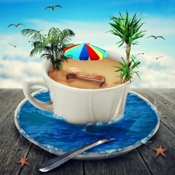Illustration of a magic cup filled with water and sand. A beach near the sea. Have a break to dream of vacation. Fantasy world, imaginary view.