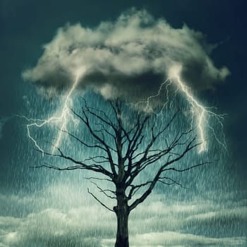 Nature force background. Tree below a cloud struck by lightning from dark sky