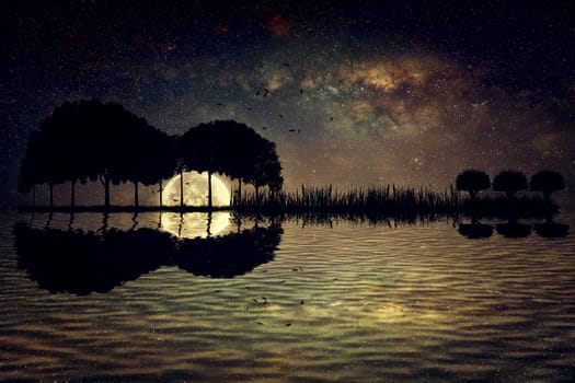Trees arranged in a shape of a guitar on a starry sky background in a full moon night. Music island with a guitar reflection in water