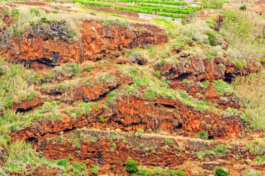 Colorful rocky cliff coast of Madeira between Jardim do Mar and Calheta