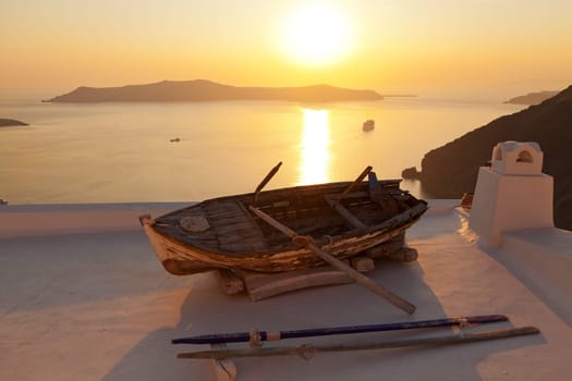 Old boat on the roof of a private villa in Firostefani, Santorini