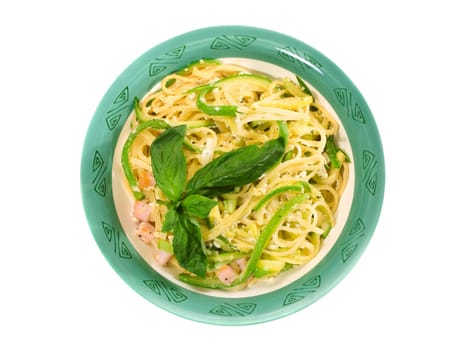Linguini prepared with fried zucchini, eggs, basil and parmesan cheese