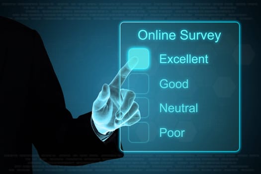 business hand pushing online survey on a touch screen interface