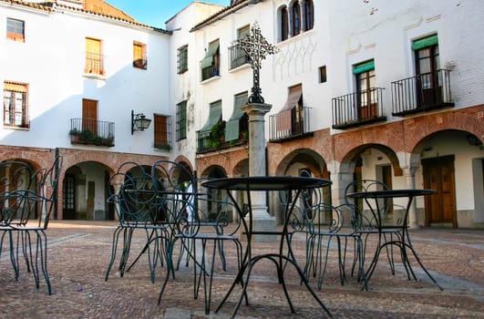 Plaza Chica, Small square of Zafra with pedestal tables, Badajoz, Spain