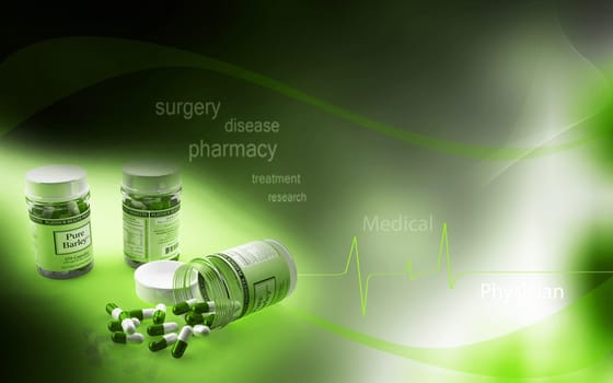Digital illustration of capsule bottle in colour background