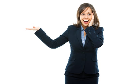 Businesswoman pointing with a hand and showing surprise isolated on white background