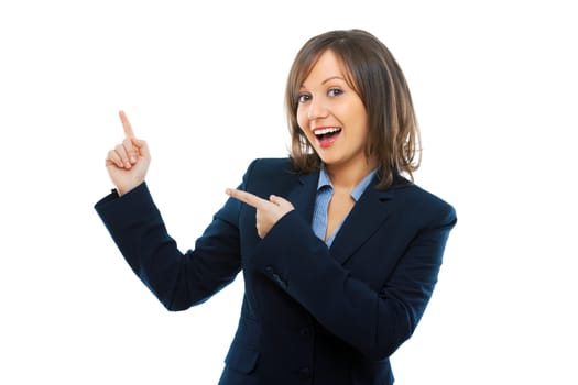 Businesswoman pointing with a finger isolated on white background