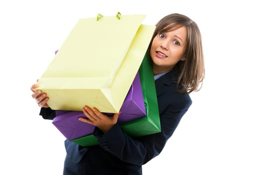 Businesswoman holding colorful presents isolated on white background