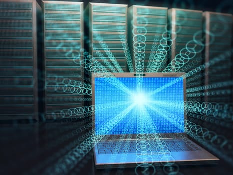 Image concept of technology and science of digital information. One laptop in front of multiple servers with binary numbers on screen.