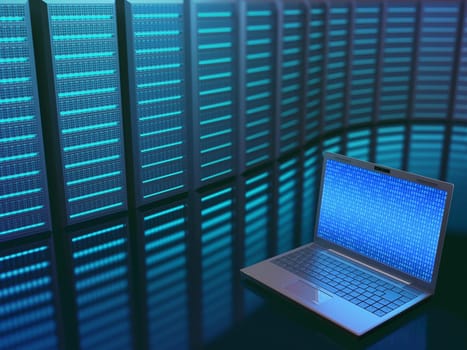 Image concept of technology and science of digital information. One laptop in front of multiple servers with binary numbers on screen.