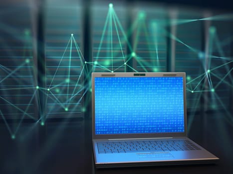 Image concept of technology and science of digital information. One laptop in front of multiple servers with binary numbers on screen.