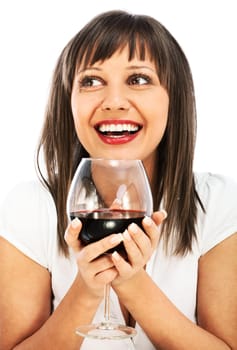 Young woman drinking red wine isolated on white background