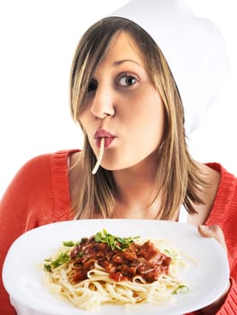 Cheff with spaghetti bolognese isolated on white, expressing positivity