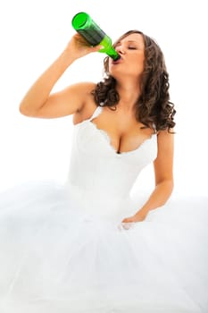 Young bride drinking beer isolated on white background