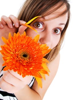 Woman with flower isolated on white