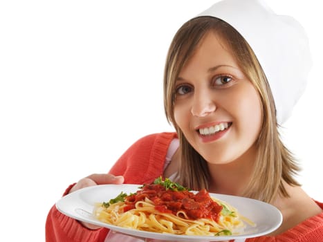 Cook with spaghetti, isolated on white
