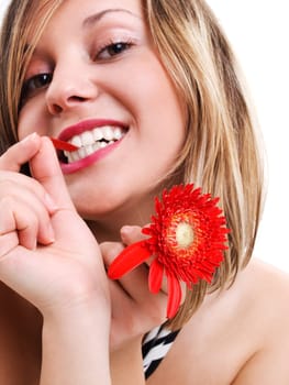 Woman with flower isolated on white