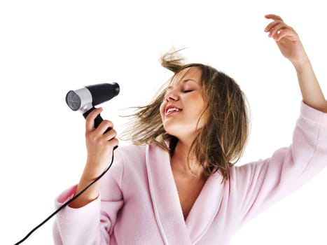 Woman with hairdryer isolated on white
