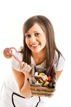 Woman chef with sweets, looking at camera with a smile, isolated on white