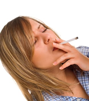 Young woman smoking isolated on white