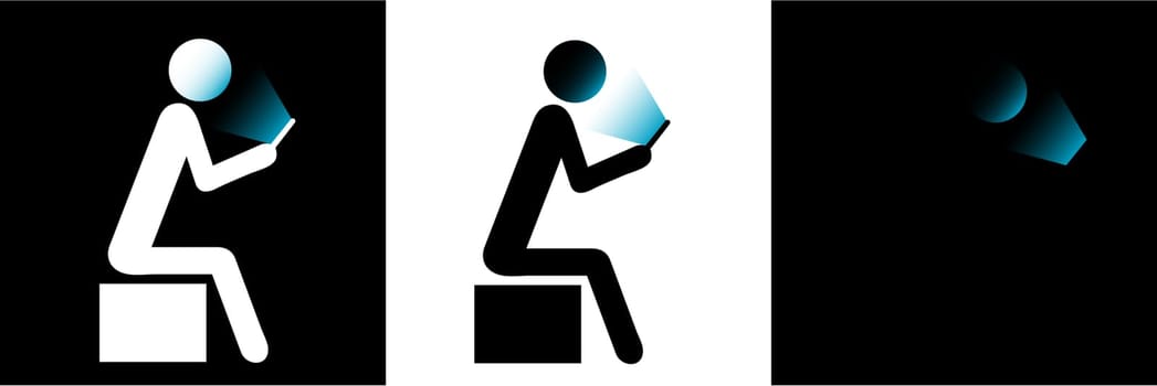Man holding smartphone with face illuminated, black and white vector icon, blue light from screen, usable as web icon infographic element pictogram