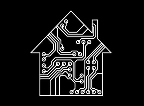 Smart household illustration, black and white vector, printed circuit board pattern, Internet of things illustration, usable as infographic element of connectivity, interconnection, system solution