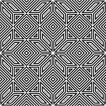 Seamless tileable vector pattern in contrast black and white colours, patchwork or mosaic or opart inspiration, square geometrical composition, usable for web print wallpapers decoration cards
