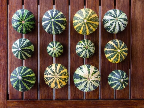 Still life with variety of green and yellow pumpkins cucurbita pepo spread on wooden table viewed from top, useable as seasonal autumn harvest Halloween housing decoration illustration