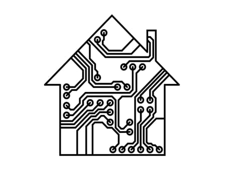 Smart household illustration, black and white vector, printed circuit board pattern, Internet of things illustration, usable as infographic element of connectivity, interconnection, system solution