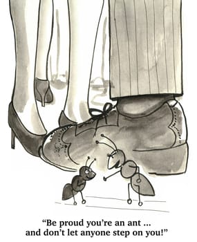 Cartoon of parent ant giving a pep talk to the child ant.