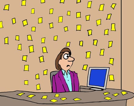 Business cartoon about being busy.  The businesswoman's office is covered with sticky yellow note reminders.