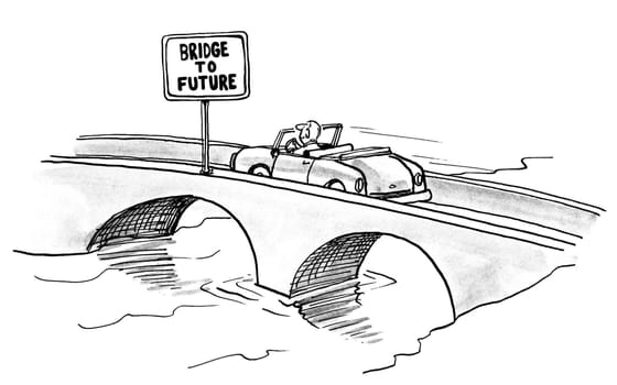 Man is driving his car across the 'bridge to future'.