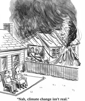 Climate change cartoon.  There is suddenly a volcano in their neighbor's backyard