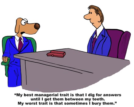 Business cartoon about job search.  The business dog is in a job interview and answering a question about his best and worst traits.