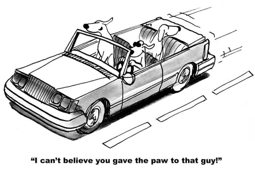 Dog cartoon.  The dogs are riding together in the car and one just gave the paw to another driver.