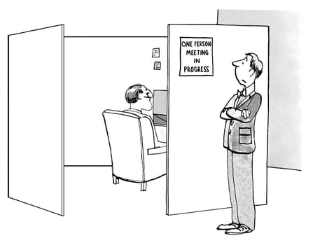 Business cartoon about workload.  The businessman put a 'meeting in progress' sign on his cube in order to get some work done.