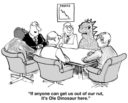 Business cartoon about change management.  The businessmen have brought in Ole Dinosaur to lead change.