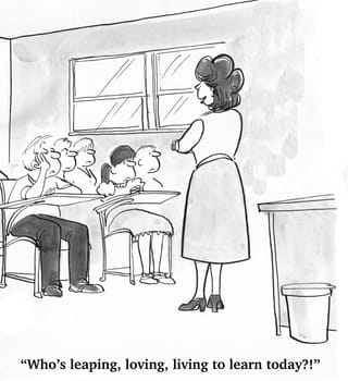 Education cartoon.  The students are disinterested in the class, they are not leaping, loving, living to learn.