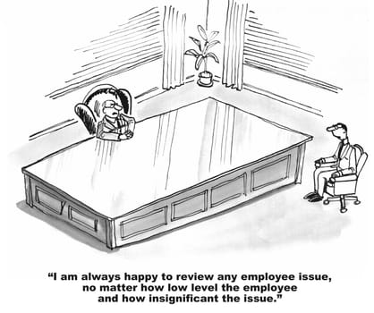 Business cartoon about corporate culture.  The business boss sits at a huge desk and is discourteous and intimidating to the employee.